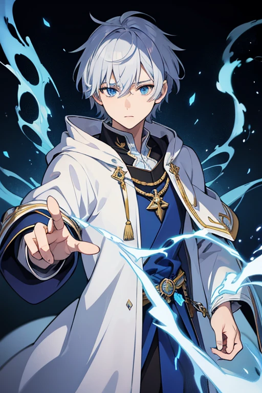 masterpiece, Highest quality, High resolution,Anime Style、Anatomically correct、Silver Hair、Short Hair、male、Wizard、White Robe、magic、Blue Flame Cross、With an ancient castle in the background、Upper body only