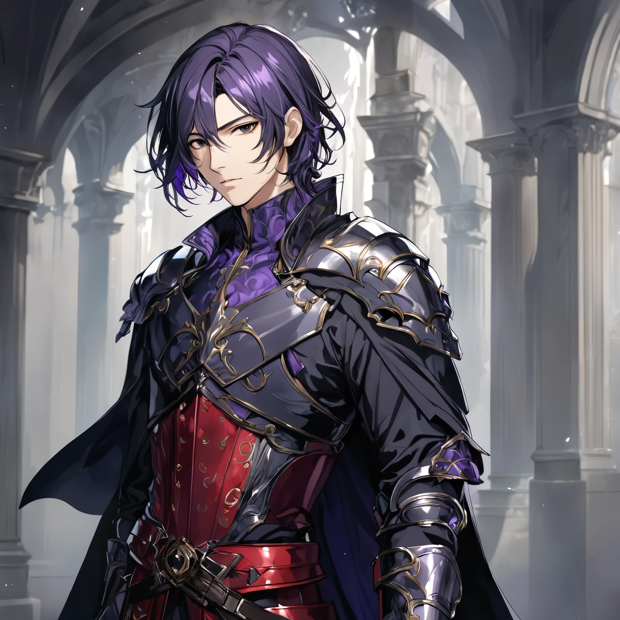 masterpiece, best quality, 1man, adult, male focus, solo, medium hair, black purpleish hair, vibrant black eyes, looking at viewer, cape, High quality metal texture, overcoat, closed mouth, upper body, bangs, high collar,(kbxll:0.6), Fantasy aesthetics, Highly detailed, shadowverse style, armored gloves, metallic gloves