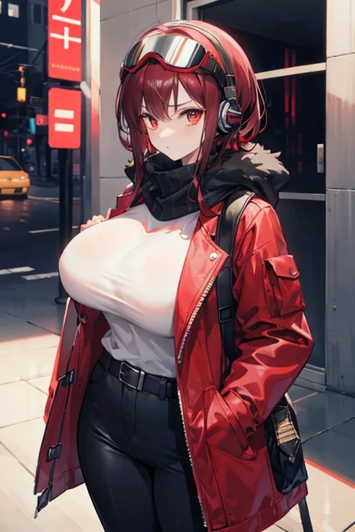 tall cute woman, massive breasts, wearing an opened red jacket with nothing underneath and black pants, She has short dark red hair and wears a striped red and black scarf, also wearing red headphones and a utility belt slinged across her shoulder she is also wearing ski goggles on her head. She has a cold stern look on her face and her arms behind her back. Rainy dark background,