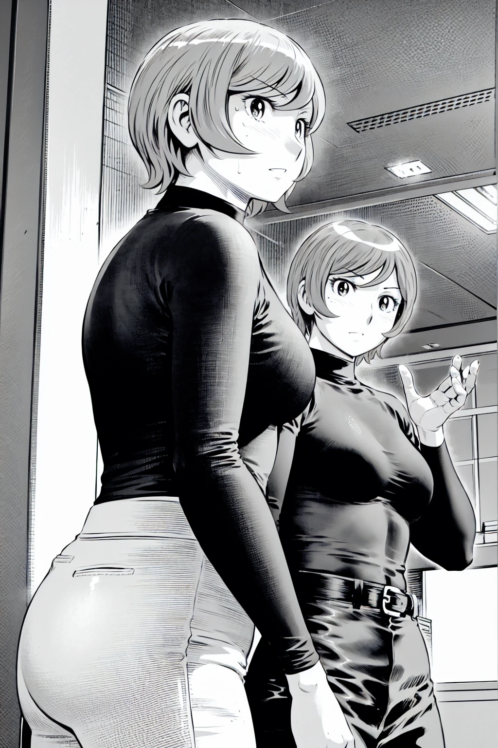 、(masterpiece、Highest quality)、Highest quality, Ultra-high resolution, (((masterpiece))), alone, Sweat、Big eyes,Tight black shirt、Tight white pants、belt、indoor、Composition from the front、(Cut the back hair short、short hair、blonde、woman)、Shortcuts、Embarrassed face、Cut your hair short、可愛いwomanの子、Big Breasts、office