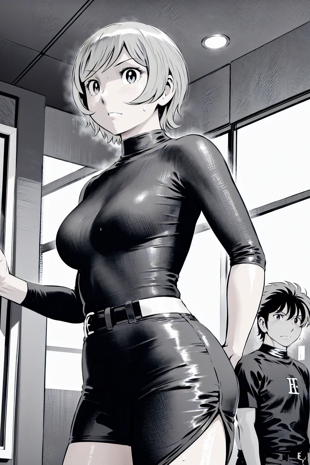 (野球uniform:1.2),
blonde, (short hair:1.2),Long sleeve, Black Shirt, turtleneck,White trousers、uniform、Black belt、((People illustrations))、big 、
View your audience,, (Highest quality:1.3),One Girl, White pants、uniform、Outdoor、baseball ground、ground、soil、blue eyes、Tight black shirt、(masterpiece、Highest quality)、Highest quality, Ultra-high resolution, (((masterpiece))), alone, Sweat、big eyes、big Breasts、Torn clothes、 Fully exposed、Nipples、One Girl, Front view、Embarrassed face、Bronze colored hair、((short hair))、Stand up straight、Cowboy Shot