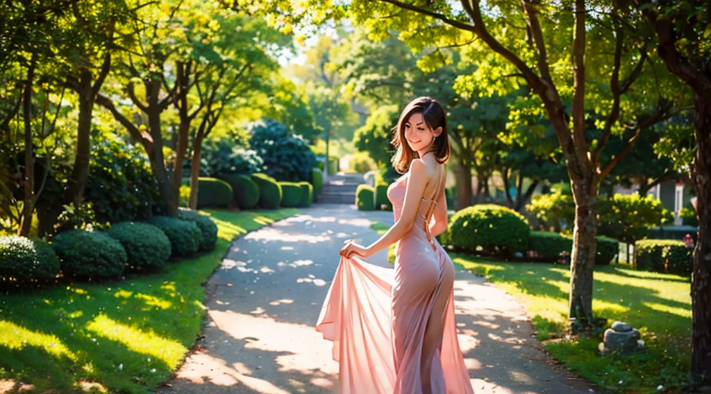 A timeless beauty, clad in a classic qipao of blush pink, adorned with delicate floral lace. The garment's elegant, flowy design flatters her graceful movements, as she walks through a serene garden filled with blooming peonies. The atmosphere is serene and romantic, with soft, golden sunlight filtering through the trees. The composition is centered on her, as she turns to smile, inviting the viewer into her peaceful world.