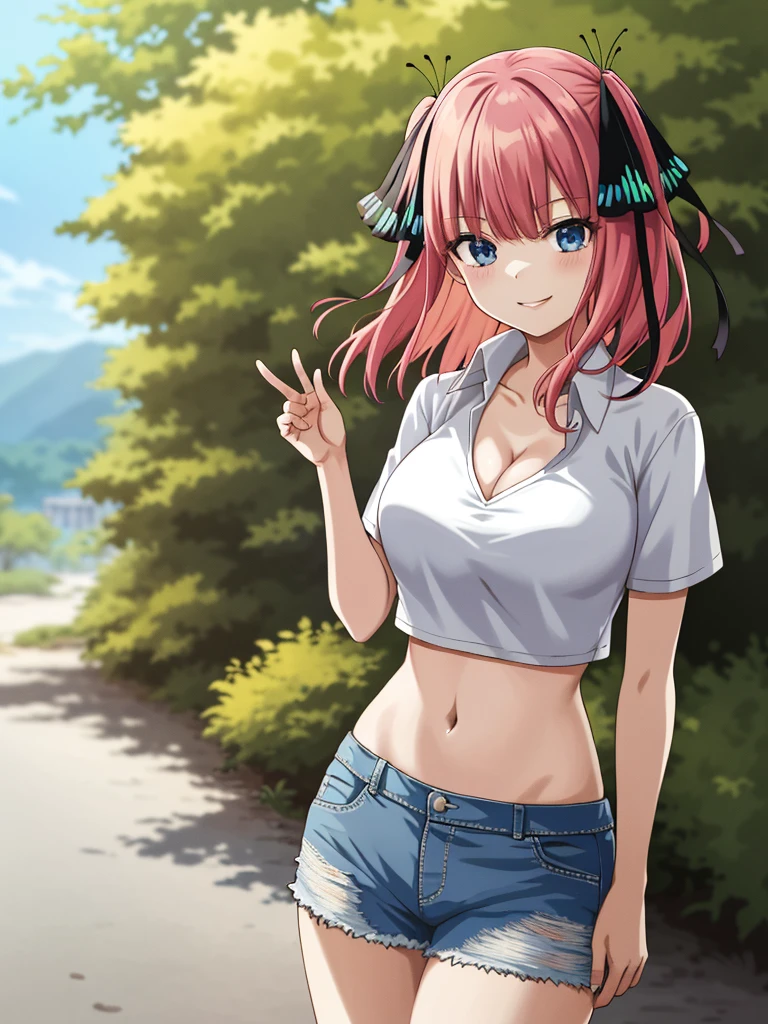 2d, masterpiece, best quality, anime, highly detailed, 1girl, solo, cowboy shot, nakano nino, pink hair, butterfly hair ornament, crop top , cleavage, Denim shorts , medium breasts, standing, school, outdoors, smile