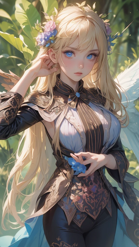 (evil villain), ( frown ) work of art, ultra creative, epic details, ultra detaild, best resolution, Woman, archer, blonde, (Beautiful nymph), ( robust wreath of leaves and pink and blue flowers), sculptural body, (brown clothes made of leather), ((perfect hands))), scenario:Enchanted Forest), no mistakes, (((epic details na face))), (((ultra perfect eyes)))