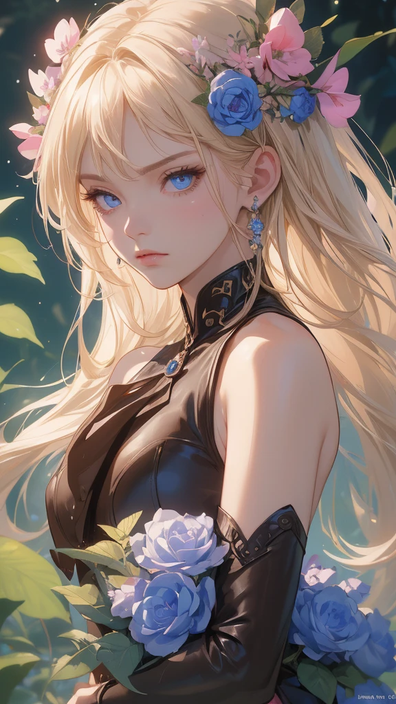 (evil villain), ( frown ) work of art, ultra creative, epic details, ultra detaild, best resolution, Woman, archer, blonde, (Beautiful nymph), ( robust wreath of leaves and pink and blue flowers), sculptural body, (brown clothes made of leather), ((perfect hands))), scenario:Enchanted Forest), no mistakes, (((epic details na face))), (((ultra perfect eyes)))
