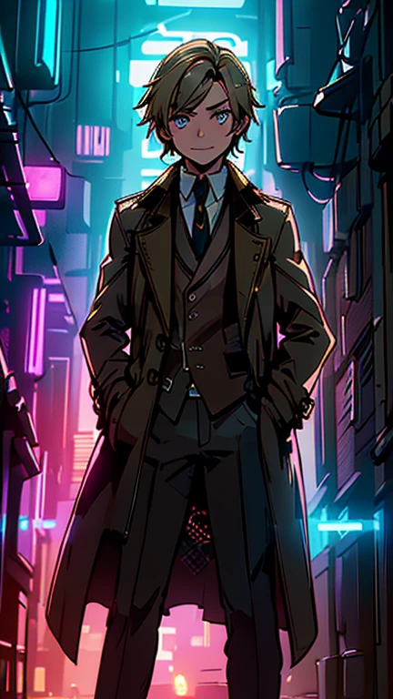 best quality,masterpiece,1boy,solo,(((13years old))),japanese boy,an extremely cute and handsome boy,highly detailed beautiful face and eyes,petit,cute face,lovely face,baby face,shy smile,show teeth, Blonde hair, short hair,flat chest,skinny,slender,(((wearing a John Constantine costume, brown Trench Coat))),(((standing in Dark Midnight Neon Glow light Cyberpunk Gotham City))),he is looking at the viewer,
