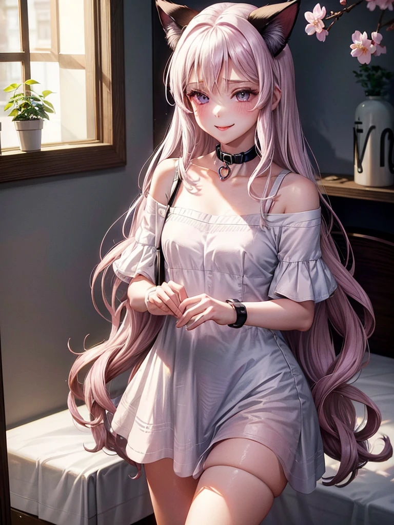 1 woman,beautiful white hair,beautiful purple eyes,Light pink blush,Light Red Lipstick,Facing the camera,Wearing a black T-shirt.,shorts,white skin,Put on a collar,White cat ears,smile a little,Standing in the bedroom in the morning,Put on a bracelet,(8K images),(Light and 4K),Outside the window there are cherry blossoms.,no cat
