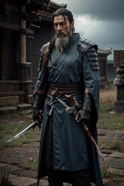Issin, Sword Saint - legendary warrior and founder of the Ashina clan.. He is an old man with gray hair and a beard., in a blue kimono with black patterns and a white cloak. He carries a katana and a spear. He also has a pistol hidden in his sleeve... He is waiting for Sekiro on a large grassy field, where he first fought Genichiro Ashina, his grandson. The field is filled with blood and corpses of soldiers, killed in battle. The sky is dark and stormy, and worldning flashes occasionally. Issin emerges from Genichiro’s body after he sacrifices himself to revive him using the Black Mortal Blade. He respects Sekiro as a worthy opponent and challenges him to a final duel for Ashina's fate... moon, dark theme, world, fantasy,