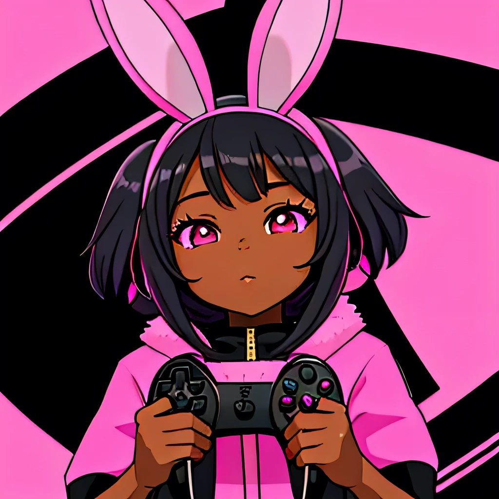 black skin girl, medium black hair with pink highlights,pink eyes,with pink furry bunny ears accessories. With a game controller in your hand
