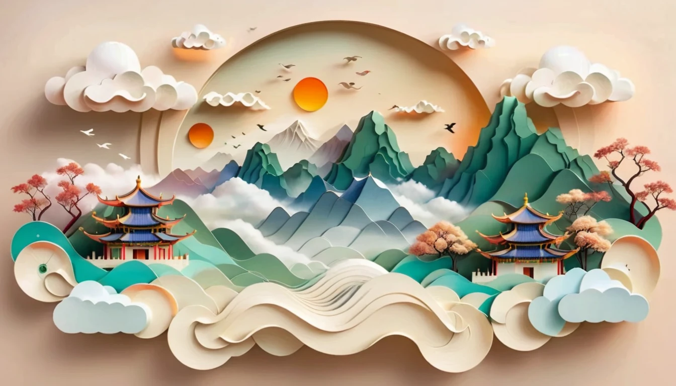 Wind Turbines，Photovoltaic power plants，Solar panels，clouds and mist, Chinese architectural complex, luminous Mountains, outdoor, sky空, Depth of Field, sky, cloud, Tree, No humans, cloudy sky空, landscape, Mountain, architecture, east asian architecture, \(A sun: 1.0\) ,\(Fall:1.8\), FOG, megawatt_Jiezhe, bird, Mountain, Tree, cloud, landscape