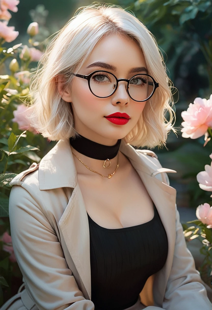 18 year old beautiful girl, masterpiece, best quality, 8K animation, detailed fingers, precise fingers, not unnatural hands, illustration, 1 girl, solo, blonde bob cut, gold crown, reading glasses, flower hair ornament, sagging eyes, ((white short jeans)), and a pink tank top, YUI