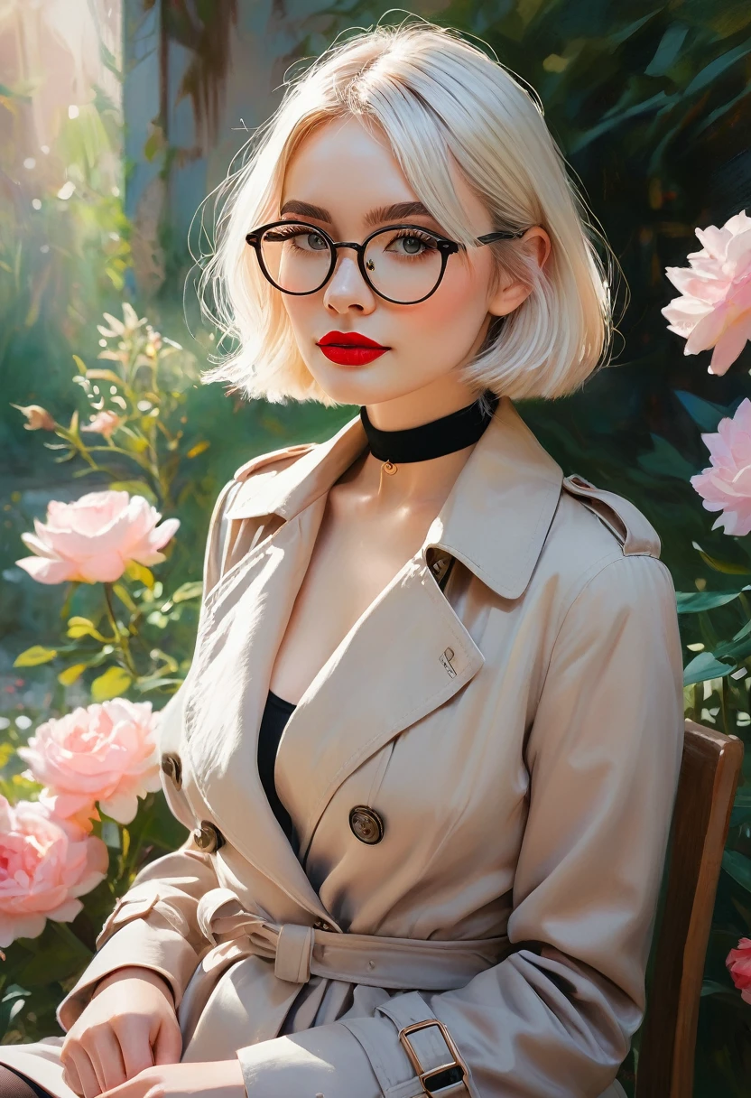 (A blonde girl,white hair,short bob hairstyle,wearing glasses,big breasts,red lipstick:1.1,black trench coat,choker,stockings),oil painting,portrait,detailed eyes and face,vivid colors,studio lighting,straight hair,focused expression,subtle smile,relaxed posture,faint pink blush,soft and smooth skin,sharp focus,professional,subtle shadows,long eyelashes,sitting in a garden surrounded by blooming flowers and greenery,faint sunlight filtering through the trees,serene and peaceful atmosphere,pastel color palette,dimly lit background to highlight the girl,masterpiece:1.2.