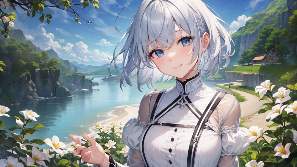 Ultra HD,Look at the viewers, Put your hands behind your back, With a girl, 20-year-old, 非常にShort Hair, Long bangs between the eyes, Pale blue eyes,  Very detailed,(masterpiece、Highest quality),Gray Hair、Laughter、Fantastic, Silver Hair, Iris,  Short hair、 Fluttering Hair、Small Face、明るいsmile、(Detailed face) ,Professional Lighting,Wonderful landscape,blue sky, sunlight,Looking down from above,Portraiture、Open your mouth、Flower Field、Her eyes were shining、Mysterious and enchanting atmosphere。With AI Painting、とてもShort Hair, Long bangs between the eyes, Very detailed,(masterpiece、Highest quality)、alone、Gray Hair、Fantasy, Silver Hair, Fantasyな風景、White shirt、smile、Open your mouth、short hair、Short Hair、hairpin、black eye、Grey Eyes、Beautiful Eyes、