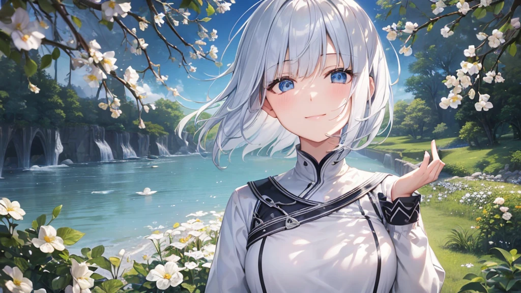 Ultra HD,Look at the viewers, Put your hands behind your back, With a girl, 20-year-old, 非常にShort Hair, Long bangs between the eyes, Pale blue eyes, Very detailed,(masterpiece、Highest quality),Gray Hair、Laughter、Fantastic, Silver Hair, Iris, Short hair、 Fluttering Hair、Small Face、明るいsmile、(Detailed face) ,Professional Lighting,Wonderful landscape,blue sky, sunlight,Looking down from above,Portraiture、Open your mouth、Flower Field、Her eyes were shining、Mysterious and enchanting atmosphere。With AI Painting、とてもShort Hair, Long bangs between the eyes, Very detailed,(masterpiece、Highest quality)、alone、Gray Hair、Fantasy, Silver Hair, Fantasyな風景、White shirt、smile、Open your mouth、short hair、Short Hair、hairpin、black eye、Grey Eyes、Beautiful Eyes、