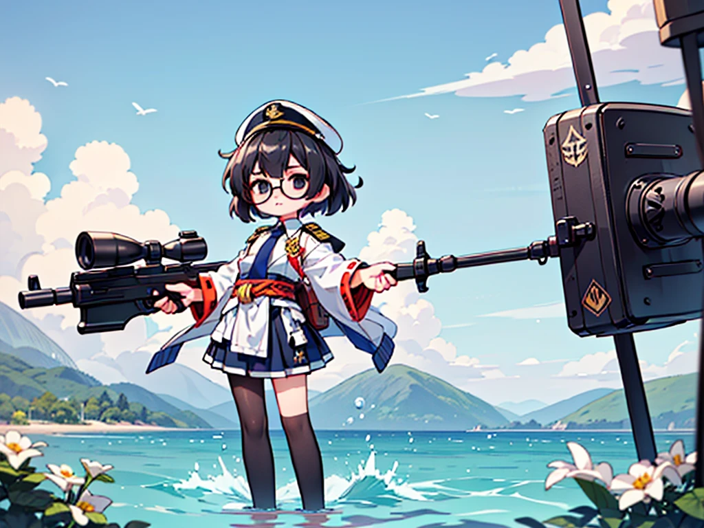 (((masterpiece, Vision))), ((((Full body of a woman with perfect flat chest、1 Female、solo、Short unkempt black hair、Tie your messy hair at the nape of your neck、white military jacket、Miko costume、black tights、Black glasses、White military cap、Cloudy black eyes、Confused eyes、Junyo-inspired emblem)))), (((Shipgirl))), ((Floating on the morning sea with both feet)), (Standing with your legs apart), (Hold the shotgun turret grip with your right hand), (Equipped with a large caliber turret with a mechanical arm extending from the waist), (Equipped with a turret on the back), (His left arm holds the grip of a triple machine gun), Shotgun shell in left arm, Bullet belt on thigh, Spreading the Machine's Wings, 2. Machine Tail, 背景に3Shipgirl,