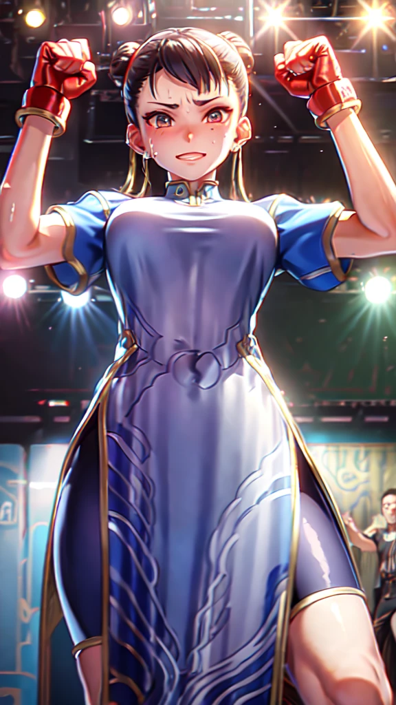 In a boxing ring, in a boxing outfit, heavily bruised on her body, sweat