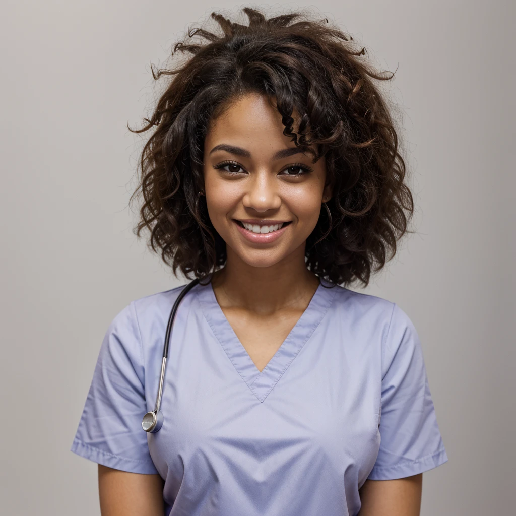 Nurse with scrubs, thick, curly, dark brown hair, mulatto complexion, ice-colored eyes, with a big beautiful smile, arms folded and head tilted to the right side. The white background, close-up, afro features