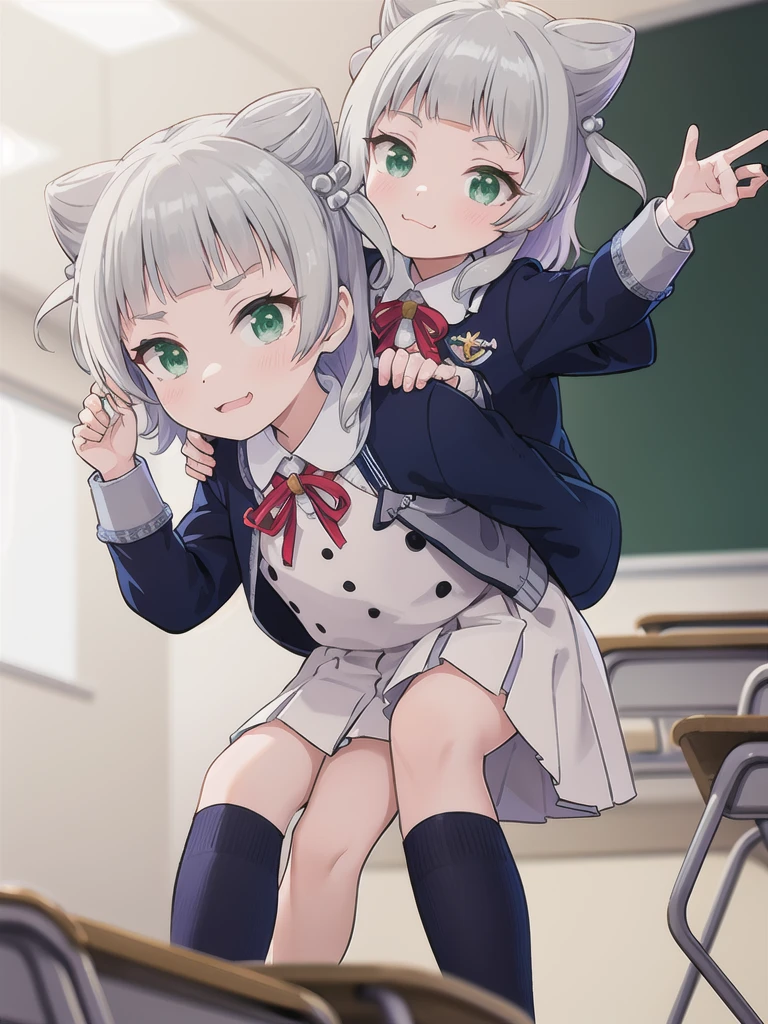 indoor,((classroom)),,Focus from below, Green Eyes, Grey Hair, hair ornaments, bangs, Virtual YouTuber, blunt bangs, Double Bang, Animal ears, Flat Chest,uniform,1 boy,Piggyback ride,