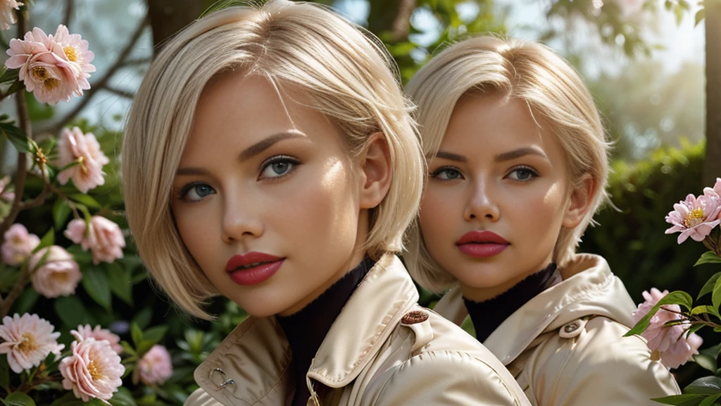 (A blonde girl,white hair,short bob hairstyle,wearing glasses,big breasts,red lipstick:1.1,black trench coat,choker,stockings),oil painting,portrait,detailed eyes and face,vivid colors,studio lighting,straight hair,focused expression,subtle smile,relaxed posture,faint pink blush,soft and smooth skin,sharp focus,professional,subtle shadows,long eyelashes,sitting in a garden surrounded by blooming flowers and greenery,faint sunlight filtering through the trees,serene and peaceful atmosphere,pastel color palette,dimly lit background to highlight the girl,masterpiece:1.2.