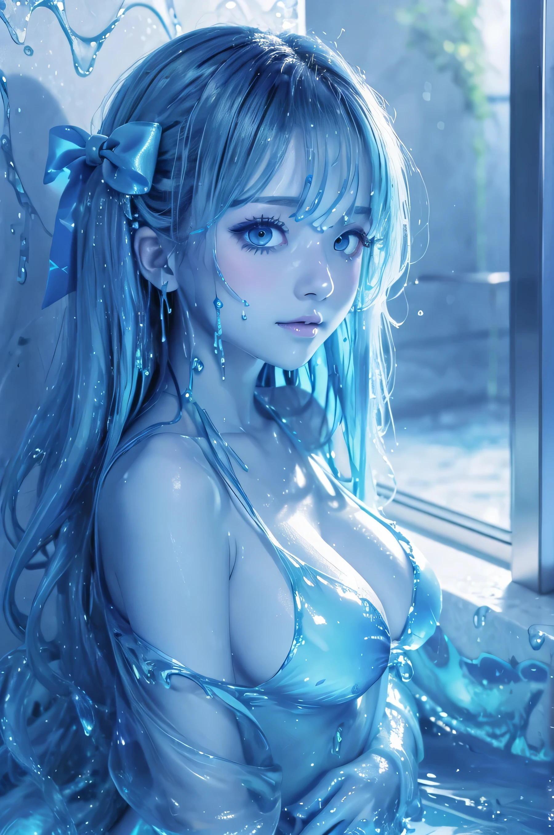 (masterpiece,best quality:1.4),(8k,raw photo,photo realistic:1.2),shiny skin,detailed skin,detailed face,detailed eyes, 1girl,looking at viewer,Japanese idol,extremely beautiful face, LiquidHair, liquid hair, blue mucus floating around, slime girl, covered in blue slime, (partially transparent), (Wet with water), (blue sweat), Slimy blue liquid dripping from her body. Her hair is also covered in blue slime. blue slime scatters, Blue hair, blue eyes