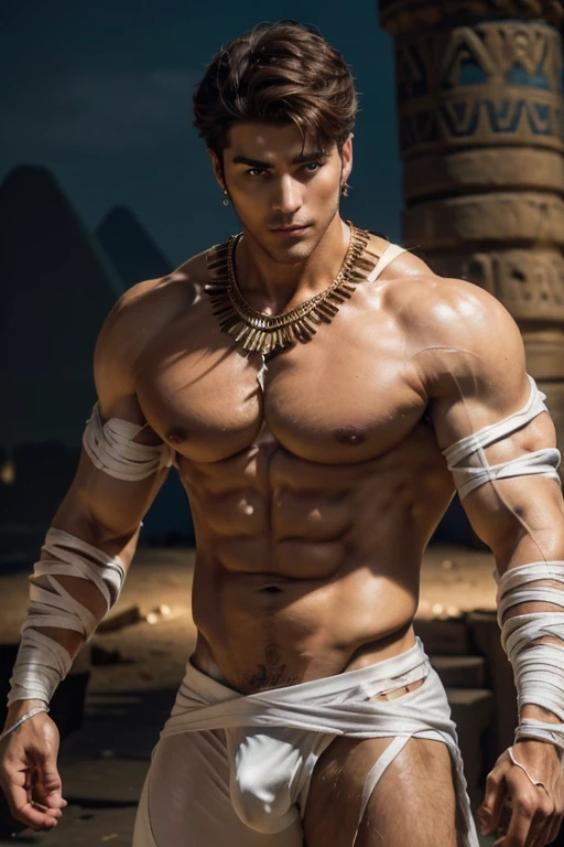 mummy costume, bandages, dynamic pose, Egyptian tomb, evil, jewelry, earrings, outdoors, realistic, masterpiece, intricate details, detailed background, depth of field, photo of a handsome young Iranian man, (light brown hair:1.37), (alpha male:1.37), (glowing blue eyes:1.37),