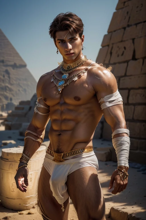 mummy costume, bandages, dynamic pose, Egyptian tomb, evil, jewelry, earrings, outdoors, realistic, masterpiece, intricate details, detailed background, depth of field, photo of a handsome young Iranian man, (light brown hair:1.37), (alpha male:1.37), (glowing blue eyes:1.37),