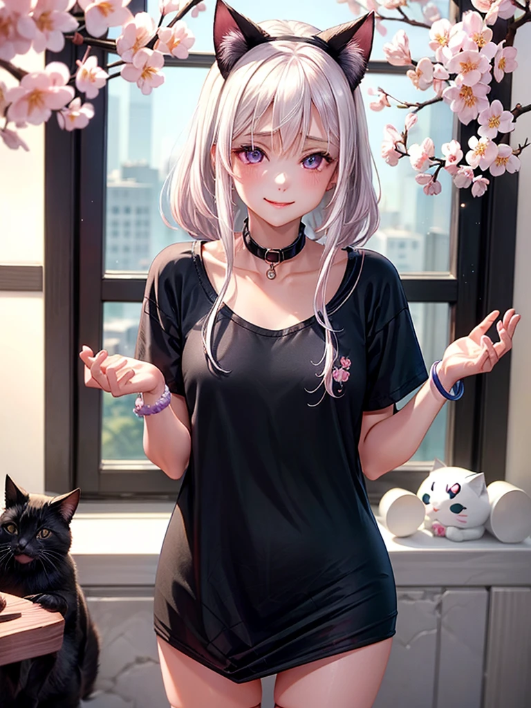1 woman,beautiful white hair,beautiful purple eyes,Light pink blush,Light Red Lipstick,Facing the camera,Wearing a black T-shirt.,shorts,white skin,Put on a collar,White cat ears,smile a little,Standing in the bedroom in the morning,Put on a bracelet,(8K images),(Light and 4K),Outside the window there are cherry blossoms.,no cat,Wear black stockings