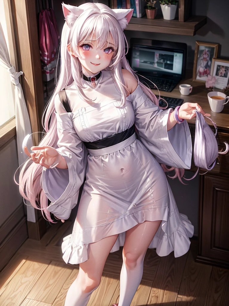 1 woman,beautiful white hair,beautiful purple eyes,Light pink blush,Light Red Lipstick,Facing the camera,Wearing a black T-shirt.,shorts,white skin,Put on a collar,White cat ears,smile a little,Standing in the bedroom in the morning,Put on a bracelet,(8K images),(Light and 4K),Outside the window there are cherry blossoms.,no cat,Wear black stockings