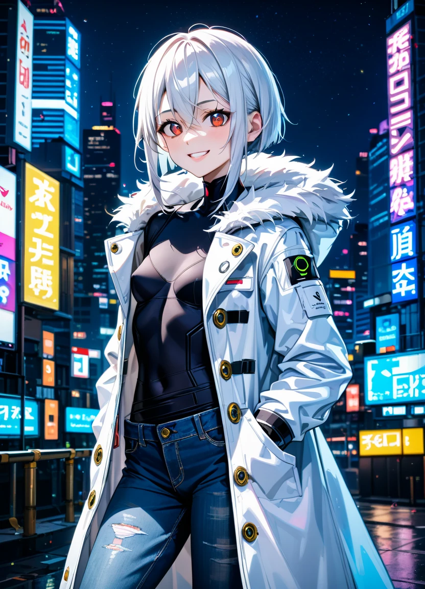 1girl, 15 years old, slim, small breasts, white hair, hairs between eyes, shoulder length hair, pale skin, bright red eye:1.3, white duffle coat and long-sleeve black sweater, open jacket, jeans, gold pocket watches hanging from the neck, BREAK kawaii, smile, cowboy shot, pose, (cyberpunk:1.3), city, neon light, (light particle:1.3), BREAK detailed face, smooth skin, cinematic lighting, volumetric shadow, BREAK score_9, score_8_up, score_7_up, (masterpiece:1.2), (best quality:1.2), (very aesthetic:1.2), (absurdres:1.2), (detailed background), newest, (intricate:1.2), ai-generated, BREAK
