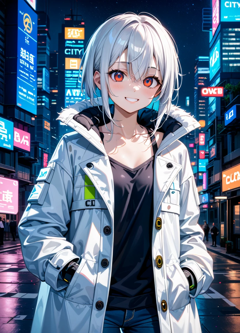 1girl, 15 years old, slim, small breasts, white hair, hairs between eyes, shoulder length hair, pale skin, bright red eye:1.3, white duffle coat and long-sleeve black sweater, open jacket, jeans, gold pocket watches hanging from the neck, BREAK kawaii, smile, cowboy shot, pose, (cyberpunk night city:1.3), neon light, (light particle:1.3), BREAK smooth skin, cinematic lighting, volumetric shadow, BREAK CG illustration, score_9, score_8_up, score_7_up, (masterpiece:1.2), (best quality:1.2), (very aesthetic:1.2), (absurdres:1.2), (detailed background), newest, (intricate:1.2), ai-generated, BREAK