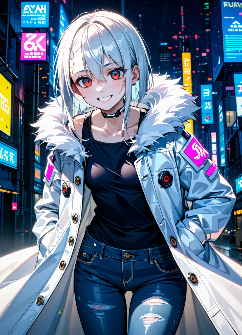 1girl, 15 years old, slim, small breasts, white hair, hairs between eyes, shoulder length hair, pale skin, bright red eye:1.3, white duffle coat and long-sleeve black sweater, open jacket, jeans, gold pocket watches hanging from the neck, BREAK kawaii, smile, cowboy shot, pose, (cyberpunk night city:1.3), neon light, (light particle:1.3), BREAK smooth skin, cinematic lighting, volumetric shadow, BREAK CG illustration, score_9, score_8_up, score_7_up, (masterpiece:1.2), (best quality:1.2), (very aesthetic:1.2), (absurdres:1.2), (detailed background), newest, (intricate:1.2), ai-generated, BREAK