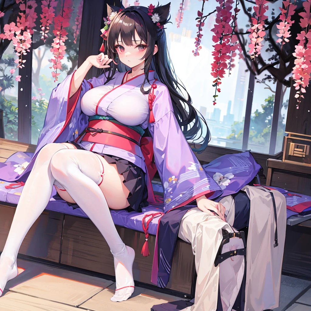 Big breasts, yukata, miniskirt, knee-highs