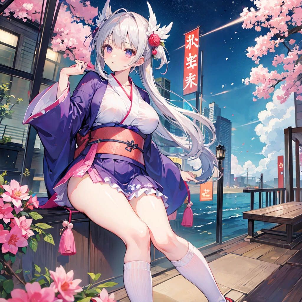 Big breasts, yukata, miniskirt, knee-highs