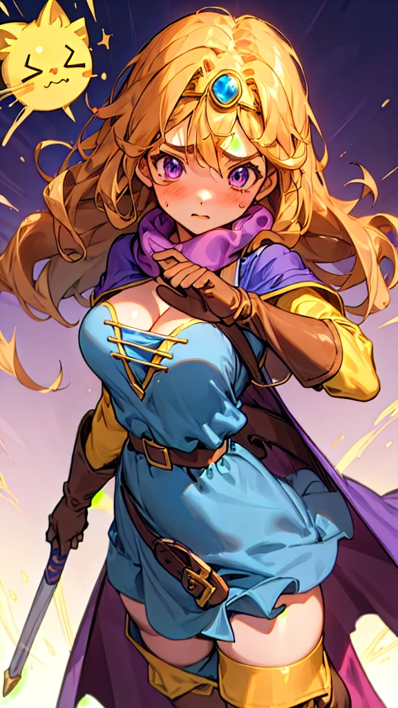 masterpiece, look at viewer, 1girl, standing, 独奏, face focus,
Hermione Granger, broken (dq3),circlet, flat breasts, cleavage, strapless, blue dress, purple cape, thighhighs, gloves, boots, belt, scabbard,knee boots, embarrassed, school,(Big Tits 1.5),sexly