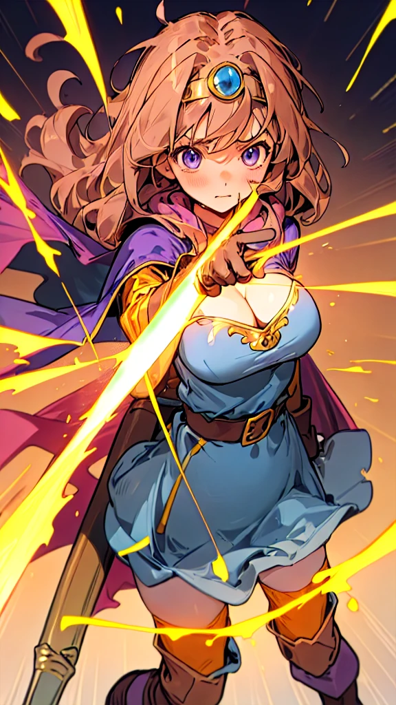 masterpiece, look at viewer, 1girl, standing, 独奏, face focus,
Hermione Granger, broken (dq3),circlet, flat breasts, cleavage, strapless, blue dress, purple cape, thighhighs, gloves, boots, belt, scabbard,knee boots, embarrassed, school,(Big Tits 1.5),sexly