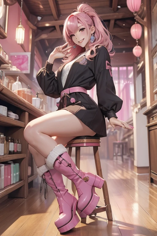 Highest quality、masterpiece、High sensitivity、High resolution、Detailed Description、Slender girl、Kogal、Pink Hair、Long fake nails、Color Contact Lenses、Smile and wink、Platform boots、