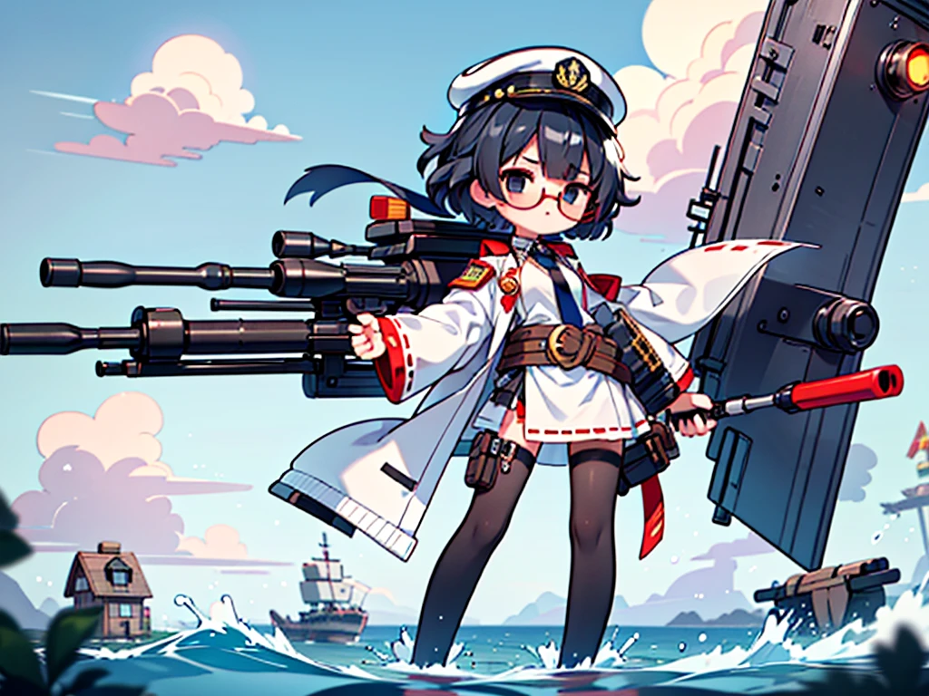 (((masterpiece, Vision))), ((((Full body of a woman with perfect flat chest、1 Female、solo、Short unkempt black hair、Tie your messy hair at the nape of your neck、white military jacket、Miko costume、black tights、Black glasses、White military cap、Cloudy black eyes、Confused eyes、Junyo-inspired emblem)))), (((Shipgirl))), ((Floating on the morning sea with both feet)), (Standing with your legs apart), (Hold the shotgun turret grip with your right hand), (Equipped with a large caliber turret with a mechanical arm extending from the waist), (Equipped with a turret on the back), (His left arm holds the grip of a triple machine gun), Shotgun shell in left arm, Bullet belt on thigh, Spreading the Machine's Wings, 2. Machine Tail, Naval base in the background,