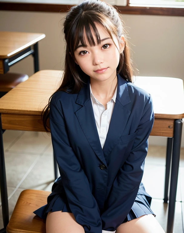 best quality, face focus, soft light, (depth of field) ,ultra-high res, (photorealistic:1.4), RAW photo, (upper waist:1.3),1 Japanese girl , solo, ((school uniform:1.3)), ((upper body is navy blazer)), ((lower body is navy skirt)), (updo hair), (brown eyes), cute face, (shy smile:1.1), beautiful skin,( Classroom), (spread your legs:1.2), (sitting on chair)