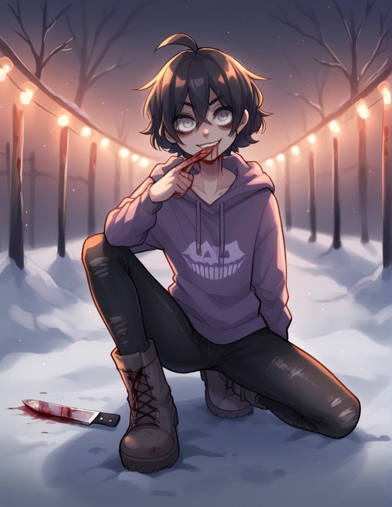 1 girls, light, ppka, black fur, short hair, messy fur, Ahoge, parts, parts por todo el cuerpo, grey eyes, blind, wicked smile, looking at the viewer, psychopath look, sticking out tongue, 
knife, licking knife, blood blood on the face, blood on the knife, 
purple sweatshirt, winter sweatshirt, minishort, short ?????, black pantyhose, snow boots, clothes full of blood,

Dark ambient lights, halloween, lamiendo cuchillo, lamiendo cuchillo lleno de sangre, cuchillo en la lengua 