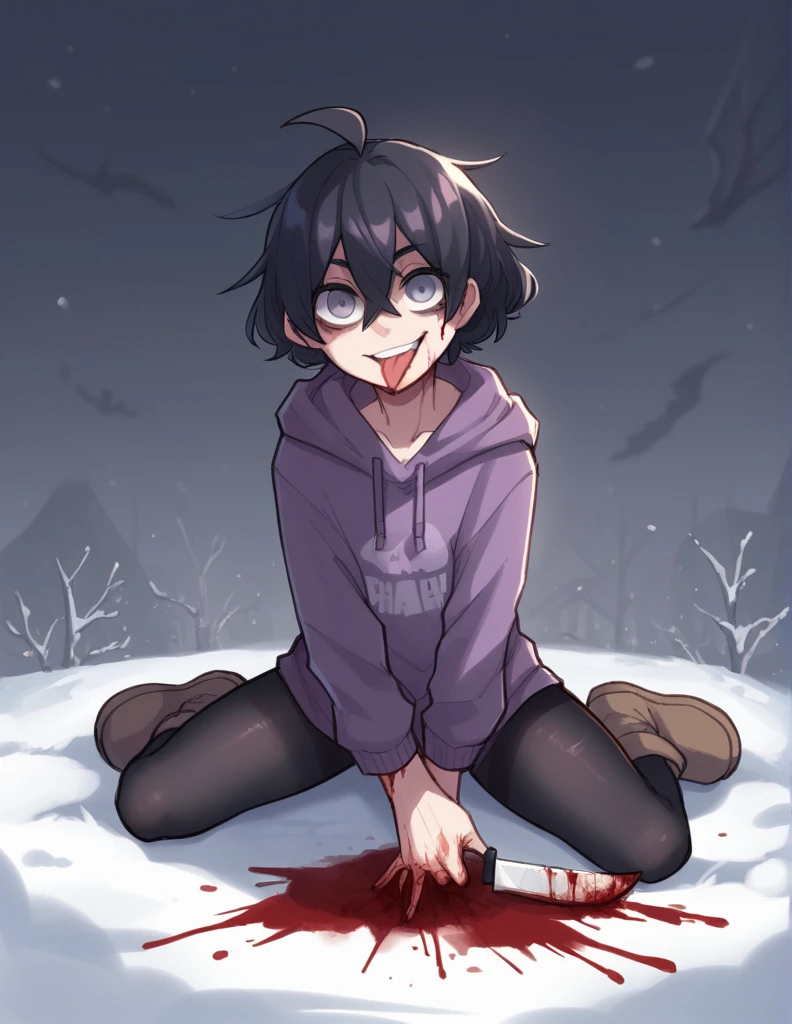 1 girls, light, ppka, black fur, short hair, messy fur, Ahoge, parts, parts por todo el cuerpo, grey eyes, blind, wicked smile, looking at the viewer, psychopath look, sticking out tongue,
knife, licking knife, blood blood on the face, blood on the knife,
purple sweatshirt, winter sweatshirt, minishort, short negro, black pantyhose, snow boots, clothes full of blood,
Dark ambient lights, halloween, lamiendo cuchillo, lamiendo cuchillo lleno de sangre, cuchillo en la lengua
