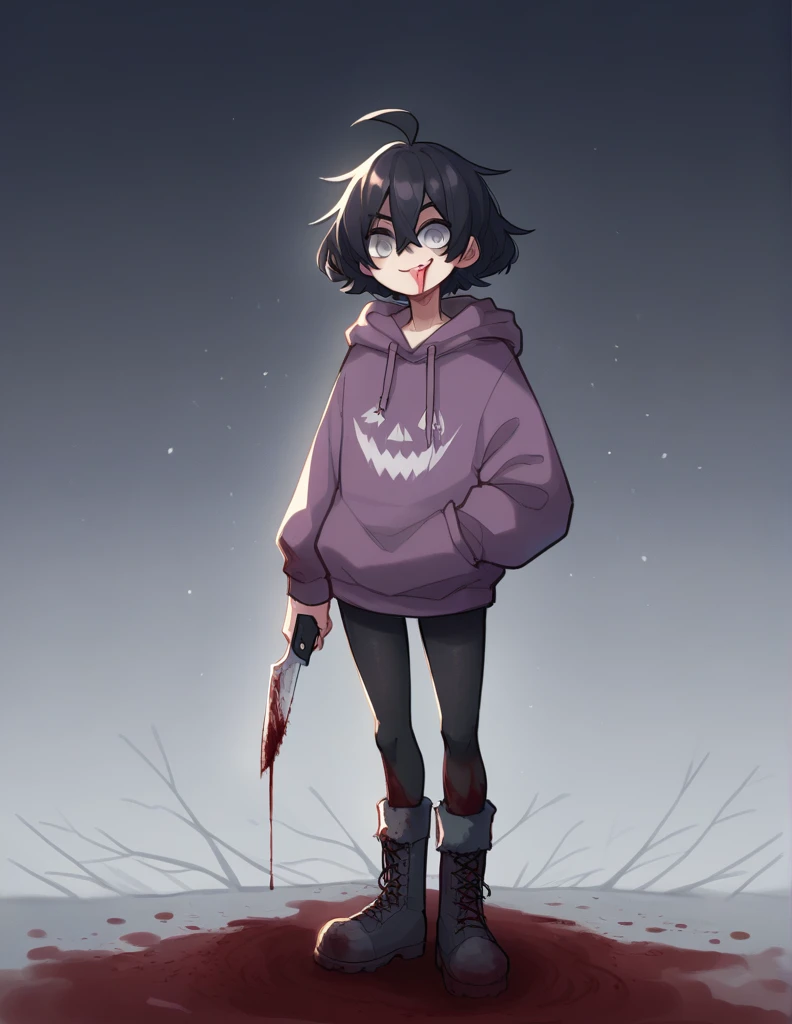 1 girls, light, ppka, black fur, short hair, messy fur, Ahoge, parts, parts por todo el cuerpo, grey eyes, blind, wicked smile, looking at the viewer, psychopath look, sticking out tongue, 
knife, licking knife, blood blood on the face, blood on the knife, 
purple sweatshirt, winter sweatshirt, minishort, short negro, black pantyhose, snow boots, clothes full of blood,

Dark ambient lights, halloween, lamiendo cuchillo, lamiendo cuchillo lleno de sangre, cuchillo en la lengua 