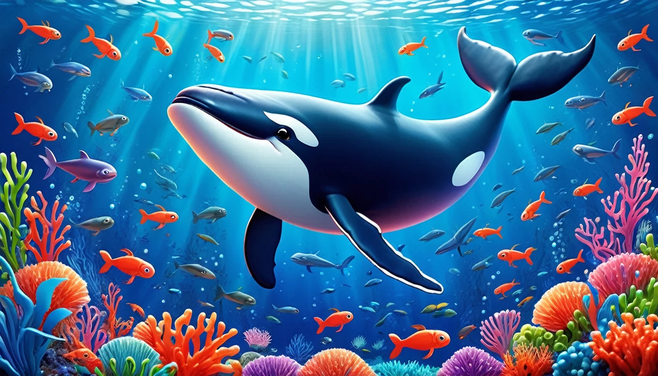 Create a 3-D Pixar style art scene for kids featuring a whale eating krill with lots of tiny shrimp-like creatures around it. The scene should be colorful and vibrant, with an ocean background, coral reefs, and schools of fish. The overall mood should be engaging and inviting for  children.