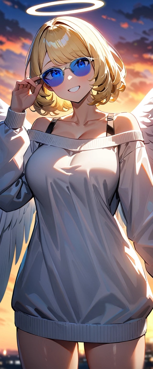 ((angel, big big white wings:1.3, halo:1.3)), ((sky)), (((sunglasses, hand to sunglasses))), (((cowboy shot))), archangel Uriel, ((wavy hair, inward curled hair)), evening, Sunset, ((blond hair, bob cut:1.3)), big breasts, ager, (looking at viewer), oversized clothes, puffy long sleeves, cleavage, ((off-shoulder sweater:1.3, Quite thick shoulder straps)), ((white sweater)), collarbone, head tilt:1.3, (((blue eyes))), ((happy smile)), (((anime style))), (best quality, 4K, 8K, highres, masterpiece:1.2, ultra-detailed, ultra-detailed eyes, HDR, uhd, studio lighting, ultra-fine painting, sharp focus, physically-based rendering, extreme detail description, professional, vivid colors, bokeh)