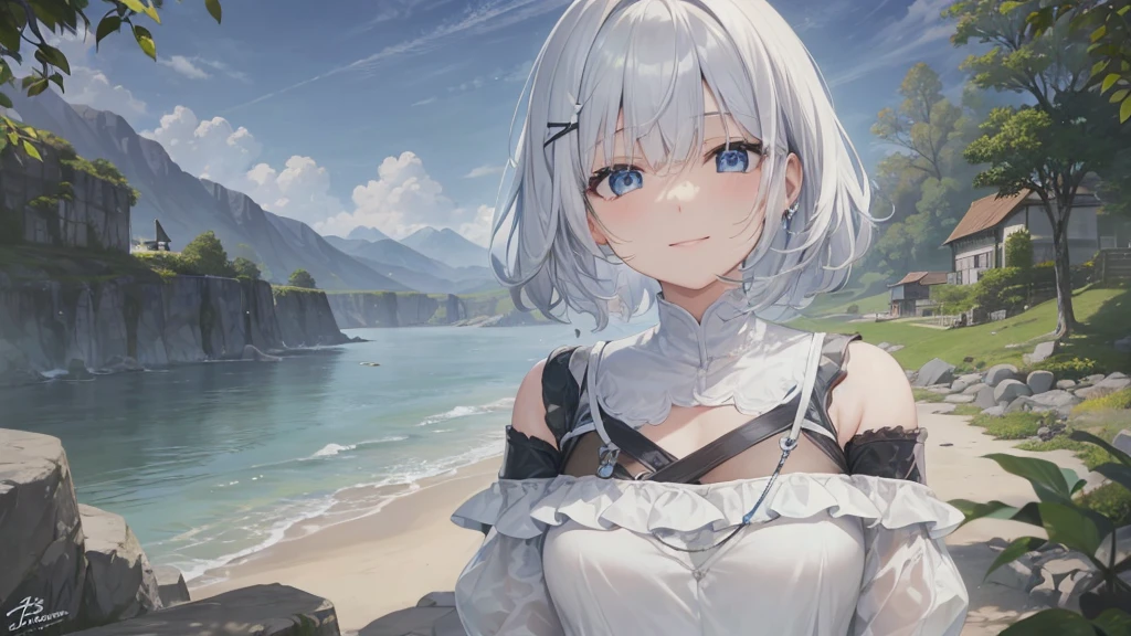 Ultra HD,Look at the viewers, Put your hands behind your back, With a girl, 20-year-old, 非常にShort Hair, Long bangs between the eyes, Pale blue eyes,  Very detailed,(masterpiece、Highest quality),Gray Hair、Laughter、Fantastic, Silver Hair, Iris,  Short hair、 Fluttering Hair、Small Face、明るいsmile、(Detailed face) ,Professional Lighting,Wonderful landscape,blue sky, sunlight,Looking down from above,Portraiture、Open your mouth、Flower Field、Her eyes were shining、Mysterious and enchanting atmosphere。With AI Painting、とてもShort Hair, Long bangs between the eyes, Very detailed,(masterpiece、Highest quality)、alone、Gray Hair、Fantasy, Silver Hair, Fantasyな風景、White shirt、smile、Open your mouth、short hair、Short Hair、hairpin、black eye、Grey Eyes、Beautiful Eyes、