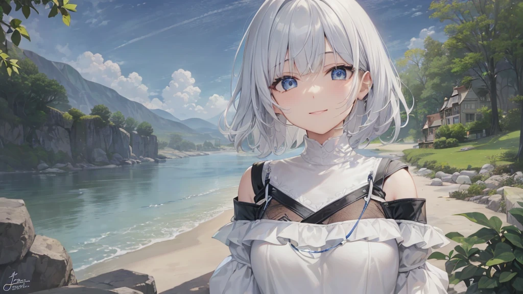 Ultra HD,Look at the viewers, Put your hands behind your back, With a girl, 20-year-old, 非常にShort Hair, Long bangs between the eyes, Pale blue eyes,  Very detailed,(masterpiece、Highest quality),Gray Hair、Laughter、Fantastic, Silver Hair, Iris,  Short hair、 Fluttering Hair、Small Face、明るいsmile、(Detailed face) ,Professional Lighting,Wonderful landscape,blue sky, sunlight,Looking down from above,Portraiture、Open your mouth、Flower Field、Her eyes were shining、Mysterious and enchanting atmosphere。With AI Painting、とてもShort Hair, Long bangs between the eyes, Very detailed,(masterpiece、Highest quality)、alone、Gray Hair、Fantasy, Silver Hair, Fantasyな風景、White shirt、smile、Open your mouth、short hair、Short Hair、hairpin、black eye、Grey Eyes、Beautiful Eyes、