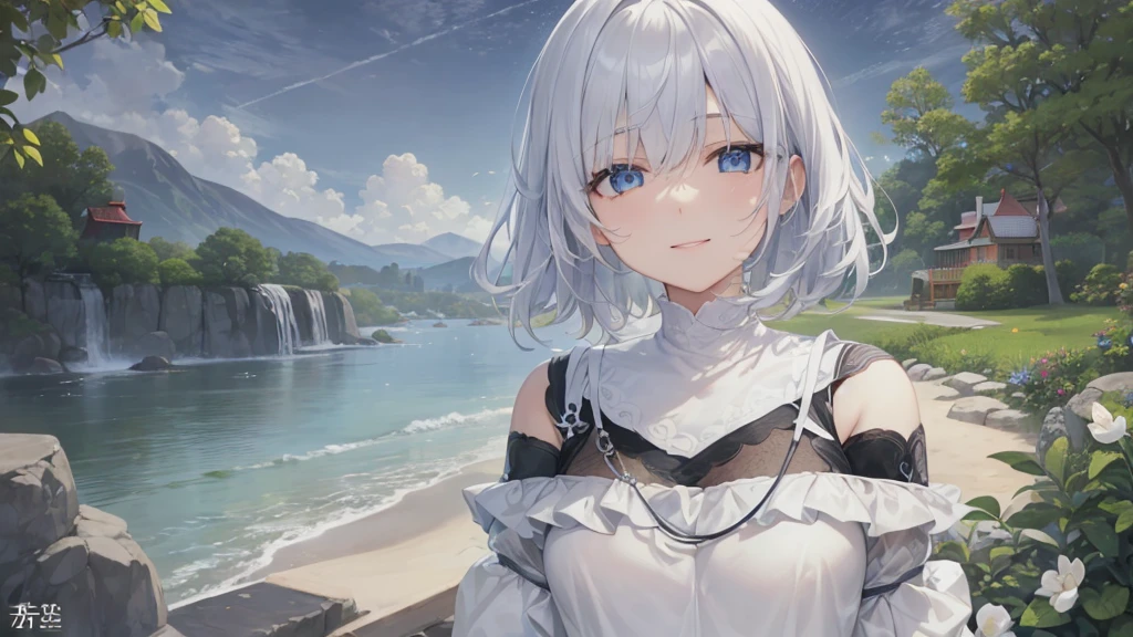 Ultra HD,Look at the viewers, Put your hands behind your back, With a girl, 20-year-old, 非常にShort Hair, Long bangs between the eyes, Pale blue eyes, Very detailed,(masterpiece、Highest quality),Gray Hair、Laughter、Fantastic, Silver Hair, Iris, Short hair、 Fluttering Hair、Small Face、明るいsmile、(Detailed face) ,Professional Lighting,Wonderful landscape,blue sky, sunlight,Looking down from above,Portraiture、Open your mouth、Flower Field、Her eyes were shining、Mysterious and enchanting atmosphere。With AI Painting、とてもShort Hair, Long bangs between the eyes, Very detailed,(masterpiece、Highest quality)、alone、Gray Hair、Fantasy, Silver Hair, Fantasyな風景、White shirt、smile、Open your mouth、short hair、Short Hair、hairpin、black eye、Grey Eyes、Beautiful Eyes、