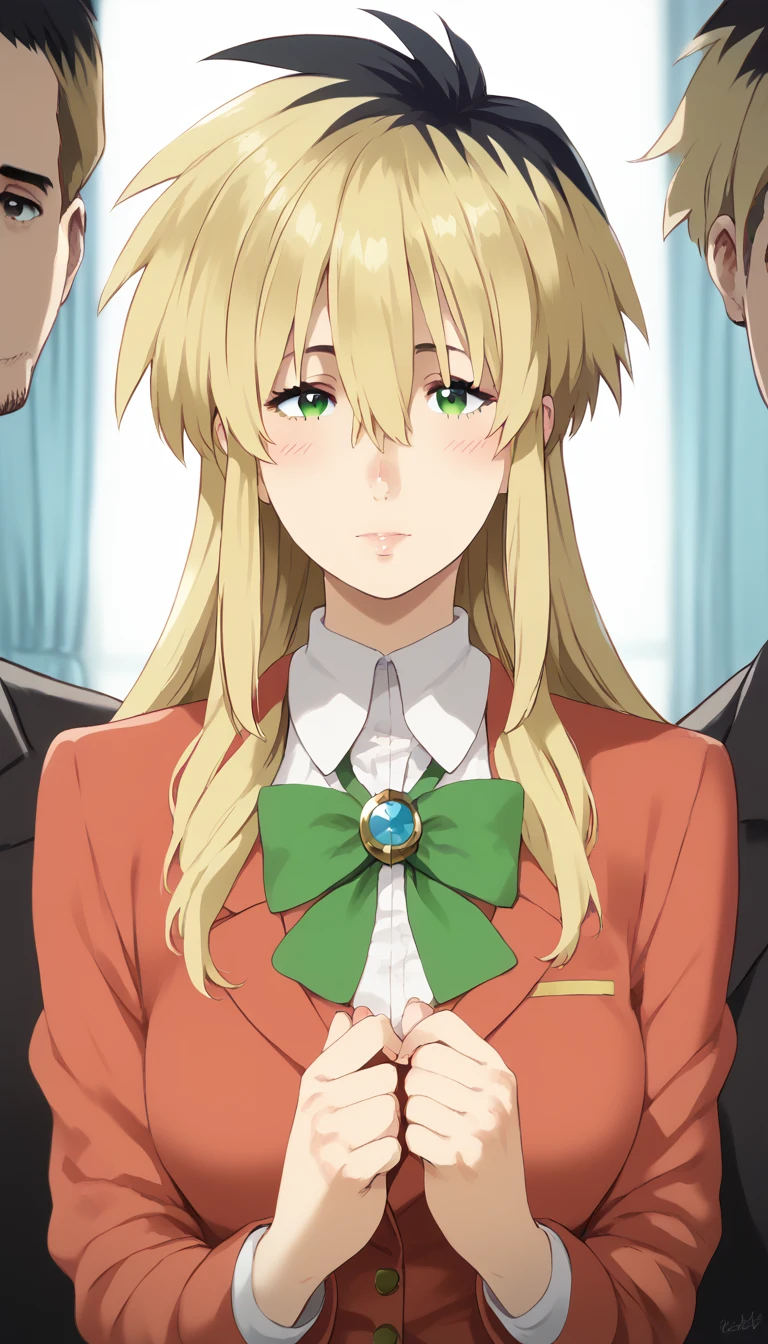 score_9, score_8_up, score_7_up, score_6_up, uncensored, miyako ishida, long hair, bangs, blonde hair, black hair, hair between eyes, green eyes, multicolored hair, two-tone hair, BREAK (masterpiece:1.2), best quality, high resolution, (detailed eyes:1.3), perfect lighting, (perfect hands, perfect anatomy), large breasts, soft focus, fantasy art, aged-up 1girl, head_wings, demon_wings, vampire, brooch, bowtie, upper body, tuxedo