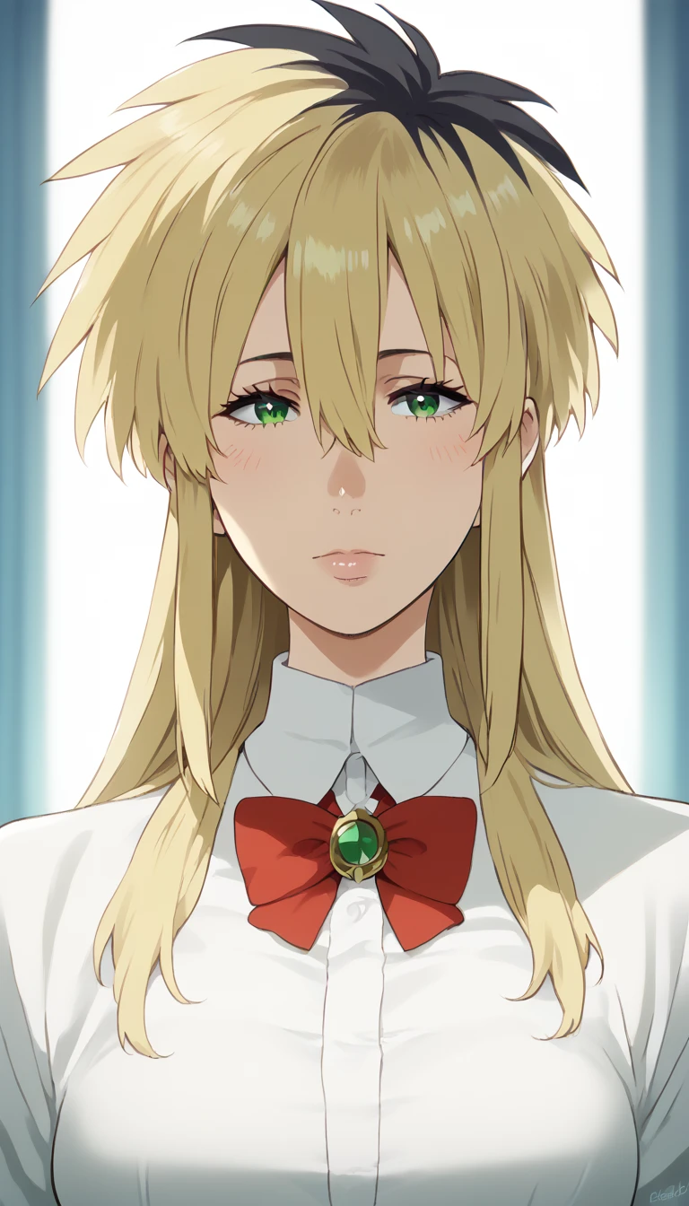 score_9, score_8_up, score_7_up, score_6_up, uncensored, miyako ishida, long hair, bangs, blonde hair, black hair, hair between eyes, green eyes, multicolored hair, two-tone hair, BREAK (masterpiece:1.2), best quality, high resolution, (detailed eyes:1.3), perfect lighting, (perfect hands, perfect anatomy), large breasts, soft focus, fantasy art, aged-up 1girl, head_wings, demon_wings, vampire, brooch, bowtie, upper body, tuxedo