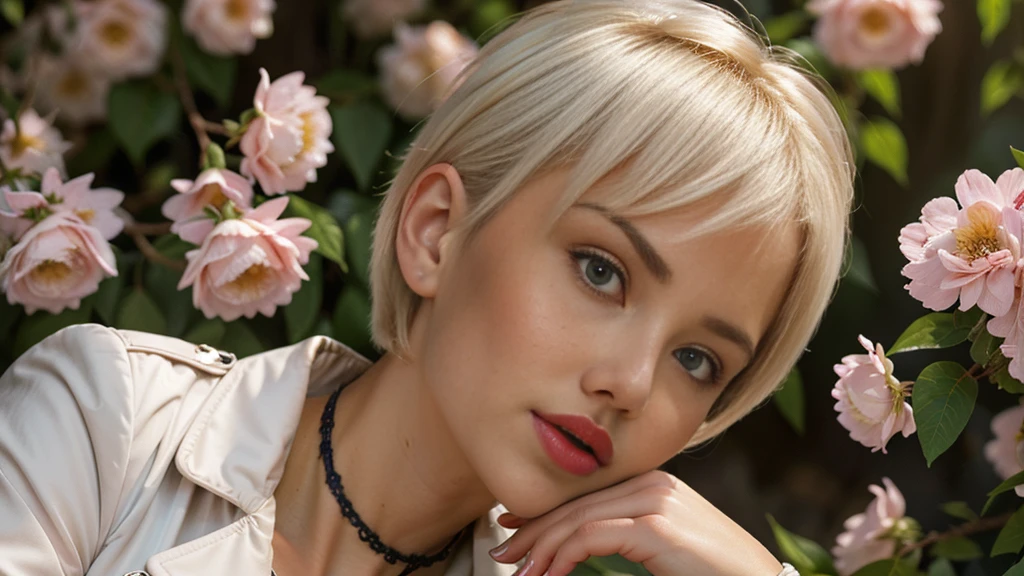 (A blonde girl,white hair,short bob hairstyle,wearing glasses,big breasts,red lipstick:1.1,black trench coat,choker,stockings),oil painting,portrait,detailed eyes and face,vivid colors,studio lighting,straight hair,focused expression,subtle smile,relaxed posture,faint pink blush,soft and smooth skin,sharp focus,professional,subtle shadows,long eyelashes,sitting in a garden surrounded by blooming flowers and greenery,faint sunlight filtering through the trees,serene and peaceful atmosphere,pastel color palette,dimly lit background to highlight the girl,masterpiece:1.2.