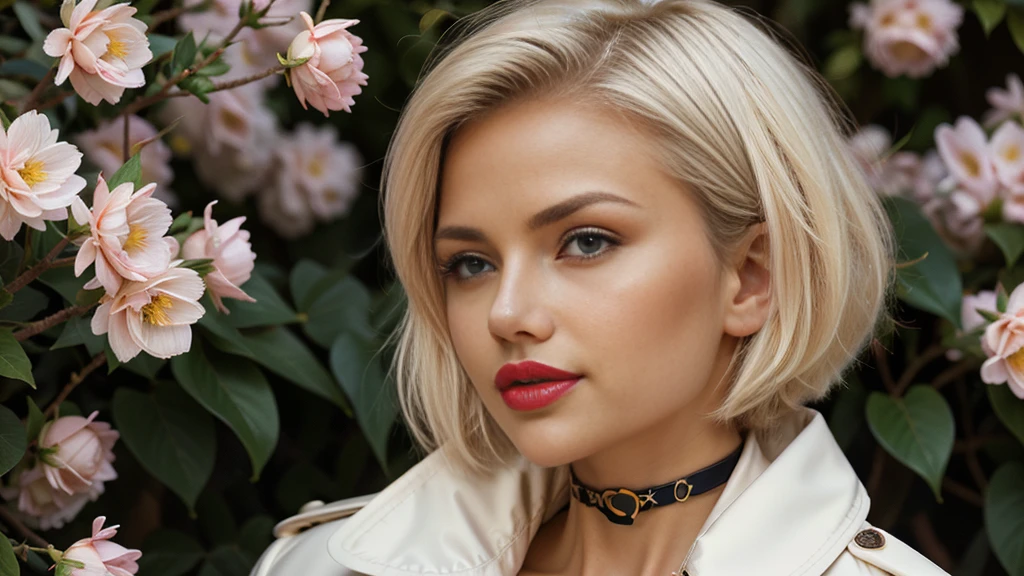 (A blonde girl,white hair,short bob hairstyle,wearing glasses,big breasts,red lipstick:1.1,black trench coat,choker,stockings),oil painting,portrait,detailed eyes and face,vivid colors,studio lighting,straight hair,focused expression,subtle smile,relaxed posture,faint pink blush,soft and smooth skin,sharp focus,professional,subtle shadows,long eyelashes,sitting in a garden surrounded by blooming flowers and greenery,faint sunlight filtering through the trees,serene and peaceful atmosphere,pastel color palette,dimly lit background to highlight the girl,masterpiece:1.2.